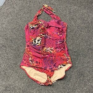 Sorella Swim womens ruched one piece swimsuit bathing suit halter animal print